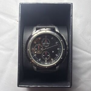 VINTAGE FMD Quartz Watch Men Black Leather Band Silver /Black Dial Black Face